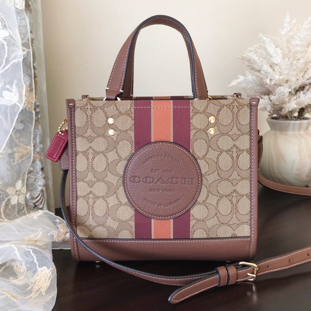 Coach Dempsey Tote 22 In Signature Jacquard With Stripe And Patch
